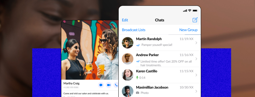 The artwork illustrates the functionalities of the Webook system within the WhatsApp application. In the image, we can see personalized conversations for each customer, as well as offers and promotions sent via broadcasts by salons or barbershops. Along with the transcription of messages and promotional conversations, on the left side, there's a photo of two women smiling and enjoying good moments while sharing a beer. This image is shared within the WhatsApp messaging platform. The purpose of this image is to capture the energy and exchange of experiences when visiting a modern establishment that uses our application. It highlights additional product offerings, such as beverages and food, in addition to the establishment's services. This contributes to creating an enriching experience when patronizing the venue.
